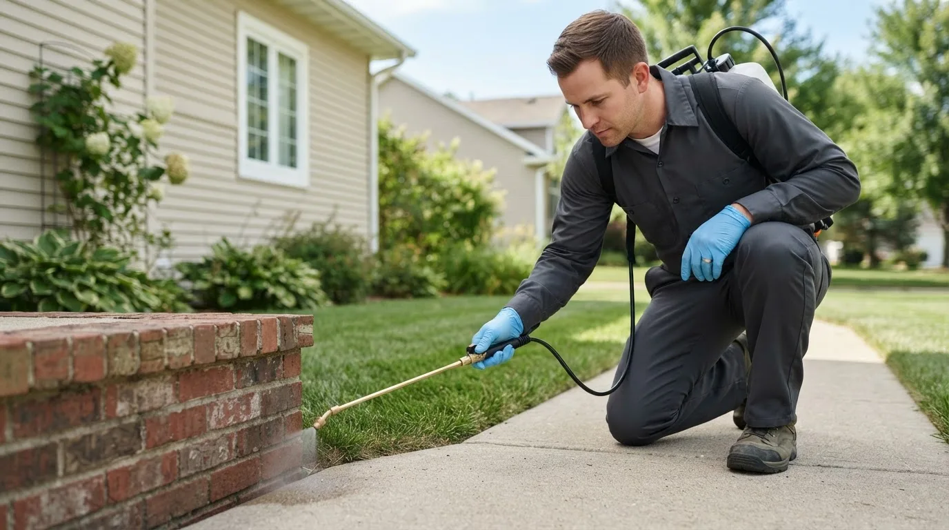 Pest control technician treating a home near Dunmore, WV